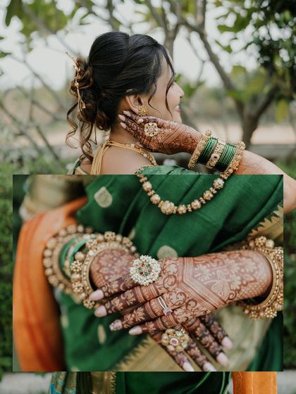 A creative shot showing both the bride's pose and a close-up of her detailed mehendi.