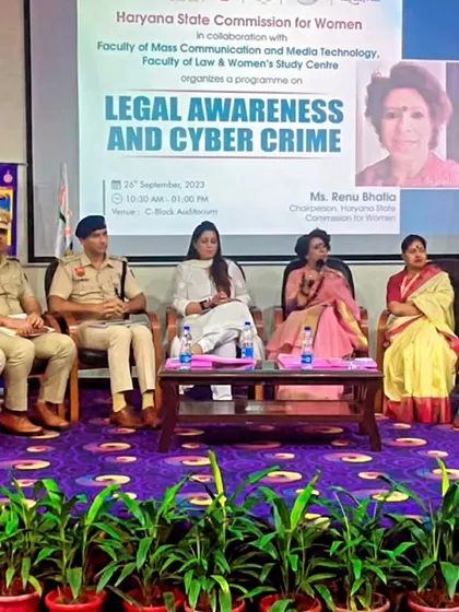 A photo of the panel at SGT University. Collaborating with academic institutions and law enforcement is key to my awareness campaigns.