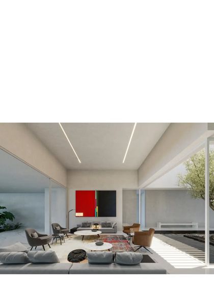 An interior rendering of 'Koba House'. The design features an olive tree in a central water court, bringing nature, light, and water into the heart of the home.