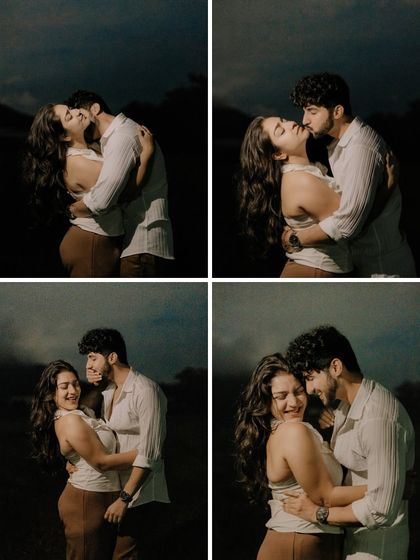 A collage of four intimate and playful moments at dusk. The dark, moody lighting adds a sense of passion and closeness, capturing kisses, laughter, and loving glances.