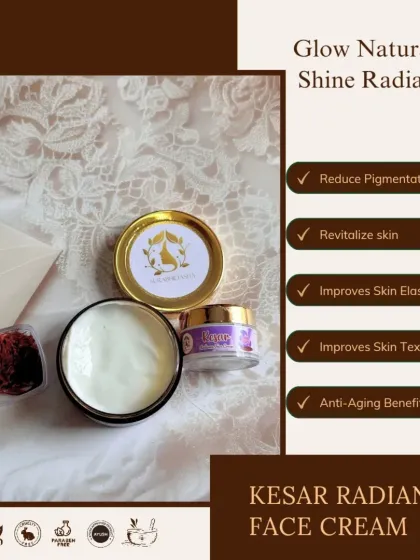 Our Kesar Radiance Face Cream is a wonderful remedy for pigmentation and dullness. Made with real saffron, it helps to revitalize your skin, improve elasticity, and restore a naturally radiant complexion.