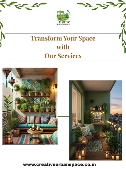 A glimpse into the transformations I offer. This image showcases two different styles of balcony gardens, one with a bohemian feel using wall tiles and another with a modern, romantic vibe using string lights, illustrating my versatile design approach.