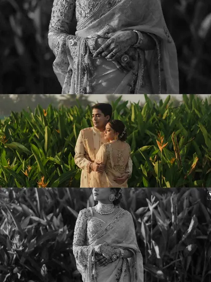 A blend of color and monochrome, this collage captures the couple in a lush green setting. It showcases both the vibrant details of the bride's attire and the timeless emotion of their embrace in black and white.