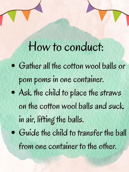These images explain the materials, instructions, and benefits of the straw and cotton ball game, a perfect mix of fine and gross motor activity.