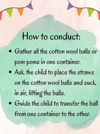 These images explain the materials, instructions, and benefits of the straw and cotton ball game, a perfect mix of fine and gross motor activity.