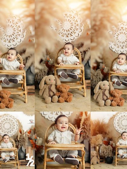 A collage of precious moments from a half birthday sitter session. It shows a range of expressions, from happy waves to thoughtful looks, in a beautiful boho setting.