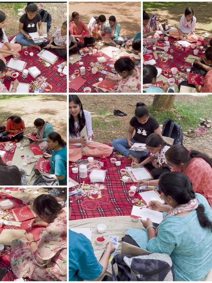A collage showing the focused work of participants during the Warli painting session. You can see them carefully applying the white paint to create the distinctive patterns and figures of this art style.