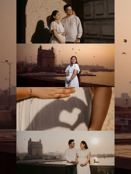 A creative collage from a maternity shoot, blending couple portraits, solo shots of the mom-to-be, and artistic details like the heart shadow on her belly.