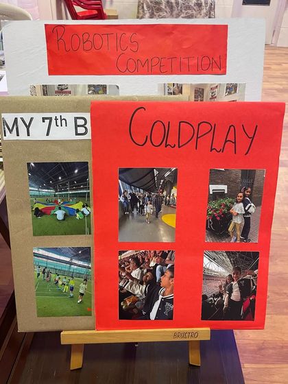 More examples of effective visual aids for a Communication Skills exam. These posters about a birthday party and a robotics competition help students structure their speech and engage the examiner.