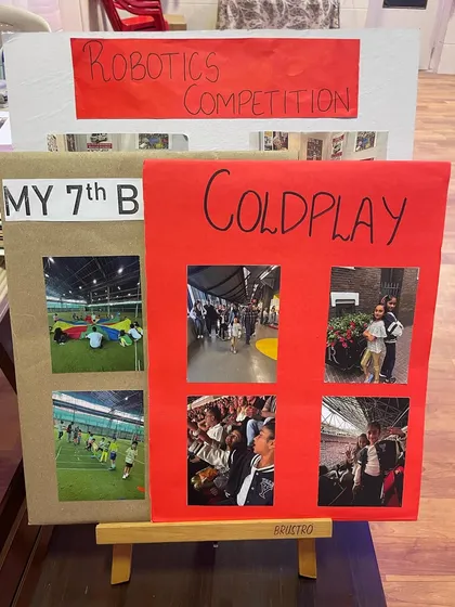 More examples of effective visual aids for a Communication Skills exam. These posters about a birthday party and a robotics competition help students structure their speech and engage the examiner.