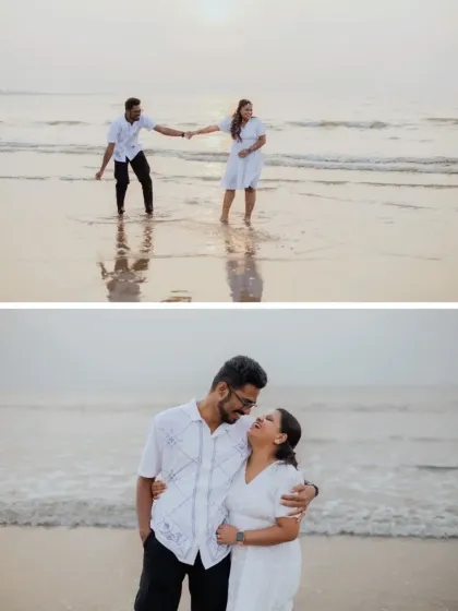 A collage showing the couple dancing in the waves and sharing a laugh. This captures the fun and playful side of their relationship.