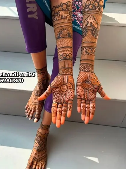 A complete bridal look with intricate mehndi on both hands and feet, showcasing a variety of traditional patterns.