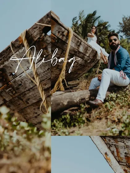 A creative collage capturing the rustic and coastal vibe of an Alibag pre-wedding shoot, centered around an old wooden boat.