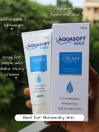 The Aquasoft Max cream is a fantastic affordable and lightweight option for normal to dry skin. It contains glycerin and hyaluronic acid and is great for those who dislike sticky creams.