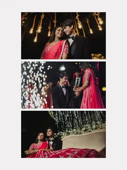 A collage of romantic moments from a reception, from the couple's entry to quiet moments together under the magical lights.