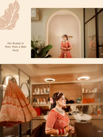 A collage showing the bride getting ready, with a focus shot of her stunning lehenga hanging in the background. We capture the entire bridal story.