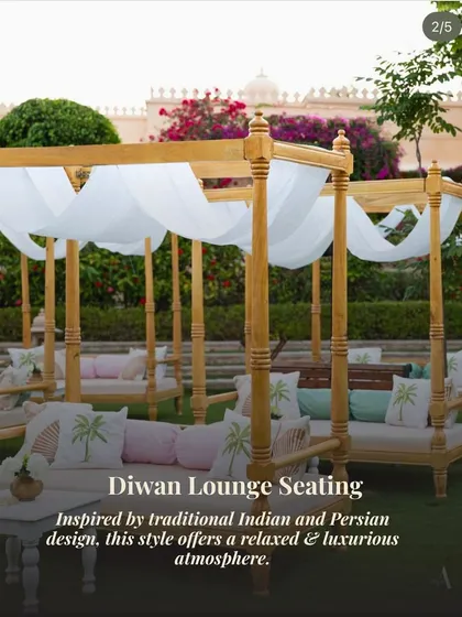 "Diwan Lounge Seating" offers a touch of traditional luxury. These canopied daybeds are perfect for creating a relaxed yet regal atmosphere for guests to mingle.