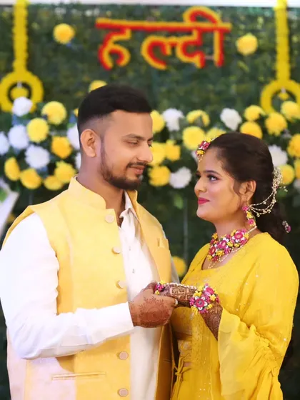 A romantic moment between the couple amidst the Haldi festivities.