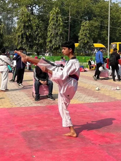 A student executes a high front kick as part of his Poomsae routine. This demonstrates a balance of flexibility, strength, and control.