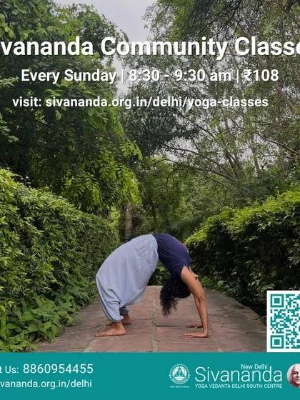 An advertisement for our weekly Sunday community classes. The image shows a practitioner in Chakrasana (Wheel Pose) in a beautiful outdoor setting, representing vitality and openness.