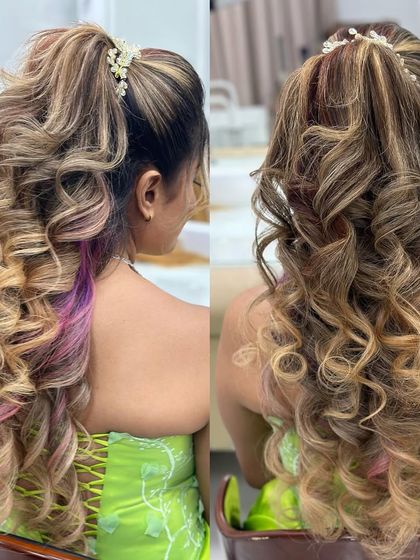 Different angles of the voluminous curly ponytail, showing off the texture and color variation.