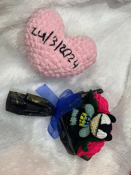 Another view of the personalized anniversary gift set. I can embroider any date, name, or initials onto a heart to make your gift completely unique.