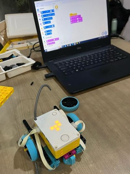 A LEGO Spike robot ready for programming. My curriculum is customized for different age groups, using advanced kits to teach logic, critical thinking, and coding.