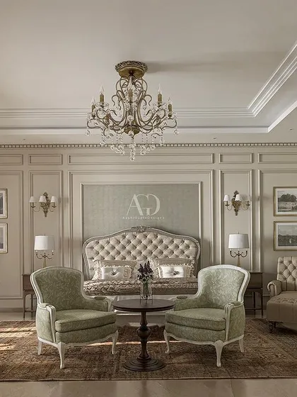 This beautiful villa bedroom I designed in the heart of Delhi exudes an elegant classical vibe. The room is spacious enough to include a full seating area and a writing desk, creating a truly multi-functional master suite.