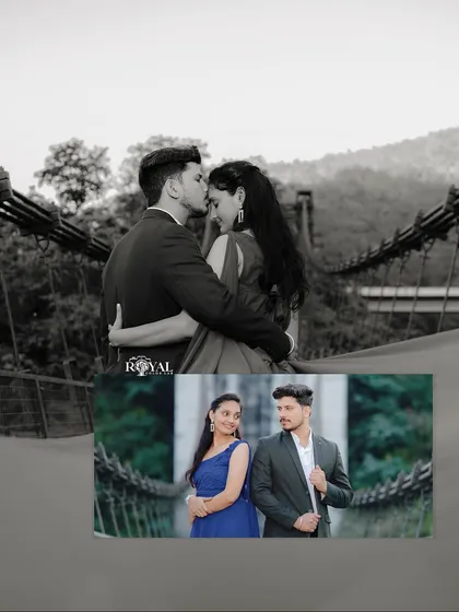 A creative composition combining a black and white close-up with a full-color shot, telling a story of intimacy and togetherness on the bridge.