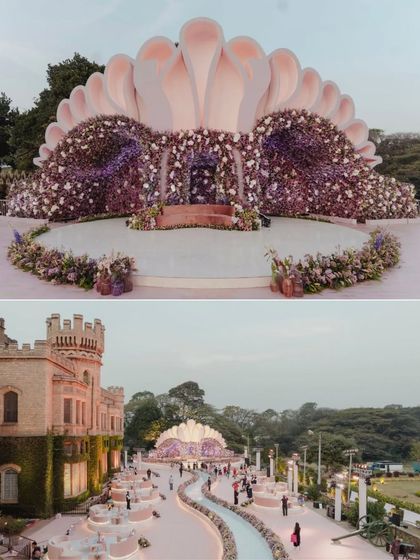 A collage showing the flower-inspired stage and the overall layout of the reception in front of the castle.