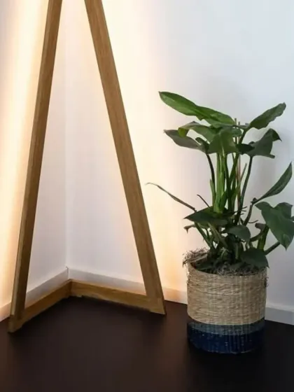 We believe lighting can be art. This unique triangular wooden floor lamp adds a modern and sculptural element to a room corner.