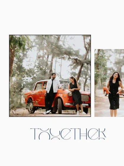 A simple and stylish graphic featuring the couple with their vintage car, perfect for a modern "save the date" announcement.