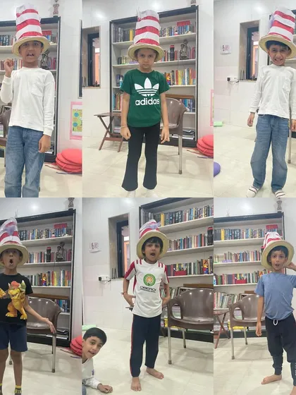 "It's fun to have fun, but you have to know how." Our students channel the Cat in the Hat, using his iconic hat to spark a fun and slightly chaotic session of play and learning, inspired by Dr. Seuss.