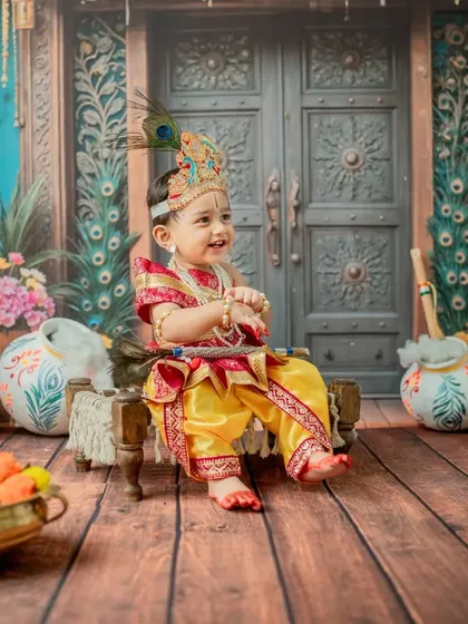 A side profile of little Krishna sitting happily on the cot, looking towards the light.