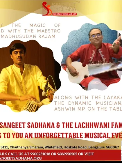 We believe in showcasing the art form on stage. This is from a musical evening where our Guru Shri Ashwin MP performed, demonstrating his mastery of 'layakari' on the tabla. Our students are inspired by seeing their guru as a practicing and performing artist.