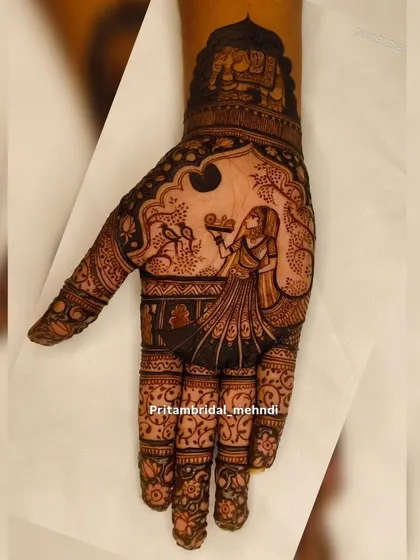 A Karwa Chauth special design featuring a woman looking at the moon through a sieve. The forearm includes a decorated elephant under a royal canopy.