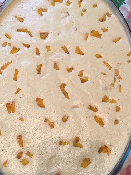 A large bowl of my creamy mango dessert, ready for a party. This is a simple, crowd-pleasing dessert that I often include in my catering menus, especially when mangoes are in season.