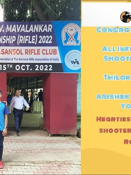 An announcement graphic celebrating our shooters' success at the All India GV Mavalankar Shooting Championship, where we won both gold and silver medals.
