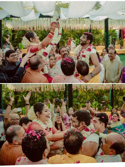 The fun and games of a South Indian wedding ceremony, where the couple is lifted up by their families for the Varmala. We capture the laughter and competitive spirit of these traditions.