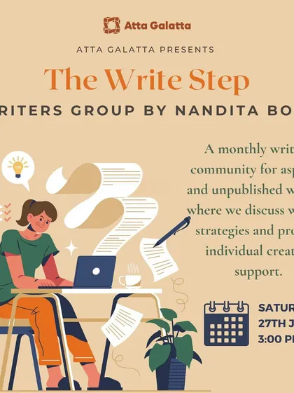 The poster for 'The Write Step', our monthly support group for aspiring writers. We believe in creating a nurturing environment for creativity to bloom.