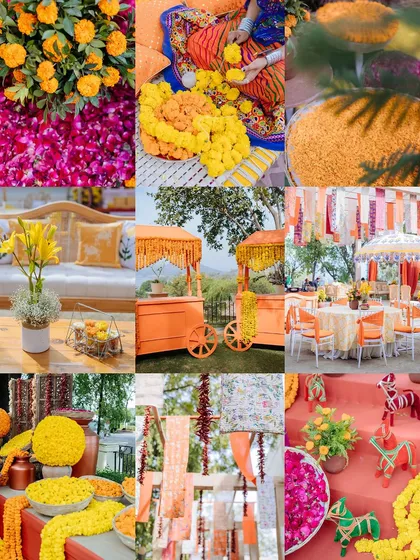 A collage showcasing the vibrant orange and yellow decor of a "Rang Mela" themed Haldi in Udaipur.