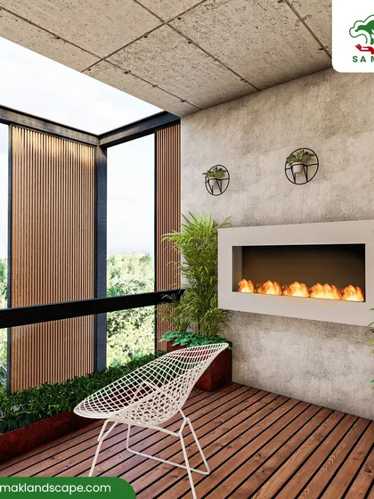 Even a compact balcony can be transformed into a cozy, modern sanctuary. We utilized a wooden deck, a wall-mounted fireplace for warmth and ambiance, and a curated selection of potted plants to create a private and stylish outdoor nook with an expansive view.