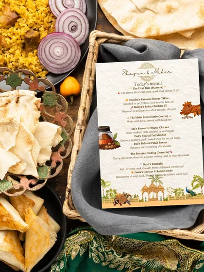 The little details matter the most! I even design custom menu cards that match your overall wedding theme. This menu for Shagun and Mihir's celebration was designed to complement their traditional invitation suite and was placed beautifully with the food spread.