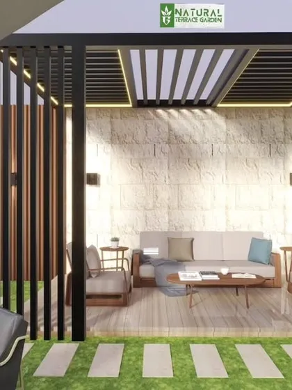 A render of a modern pergola with slatted wood screens for privacy, set against a stone-clad wall for a mix of textures.