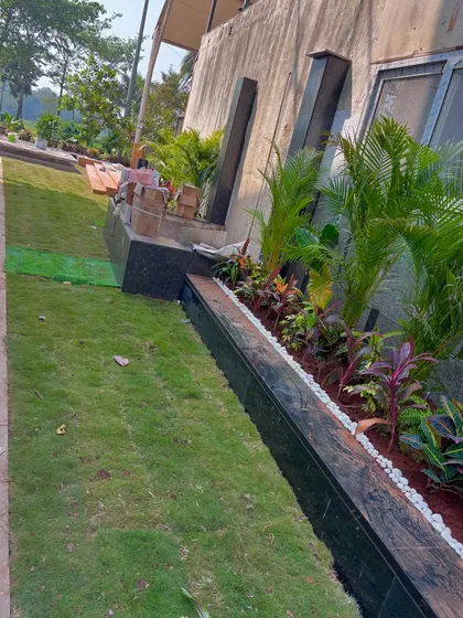 A detailed look at the layered planting in the raised beds at the Lodha villa, combined with a fresh strip of lawn.