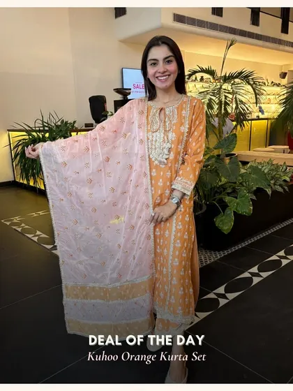 My Kuhoo Orange Kurta Set is a deal of the day you don't want to miss. The warm orange hue and delicate embroidery make it a beautiful choice for any celebration.