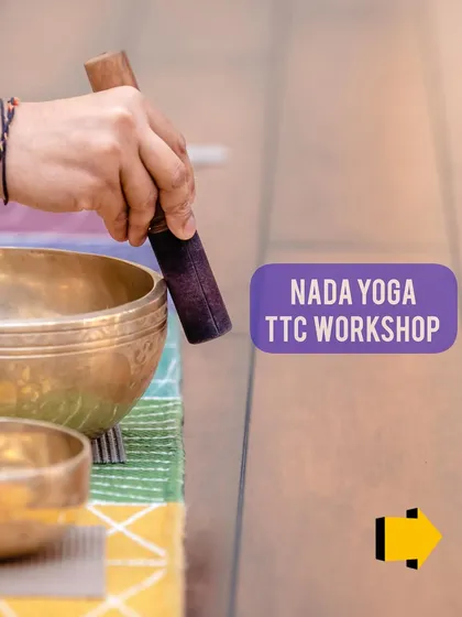 A close-up on the tools of the practice. This image highlights the beautiful craftsmanship of a Tibetan singing bowl, inviting you to explore its potential in our Nada Yoga TTC workshop.