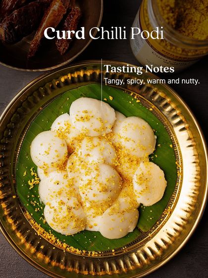 A plate of mini idlis generously coated in my Curd Chilli Podi, highlighting its tasting notes: tangy, spicy, warm, and nutty. It's the perfect way to add a burst of flavour to a simple breakfast.