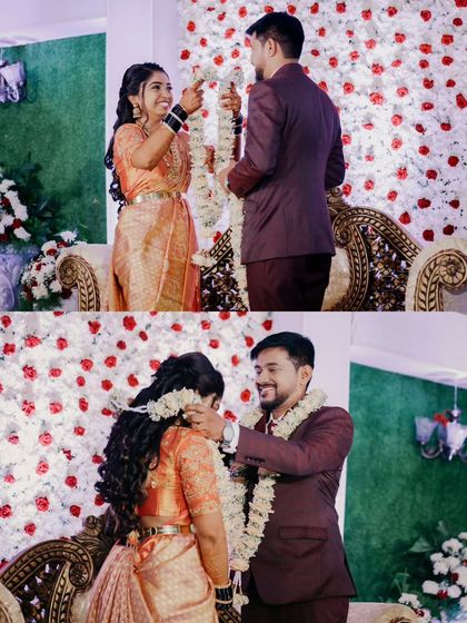 A close-up collage of the garland exchange at the reception, focusing on the couple's happy and intimate interaction.