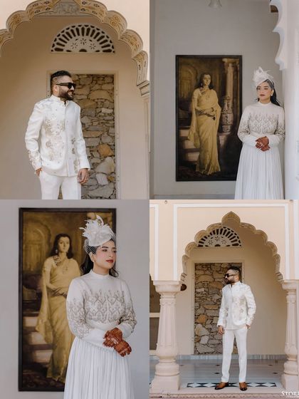 A collage of the couple's portraits from their unique Polo Match themed event, showcasing their elegant, all-white attire.